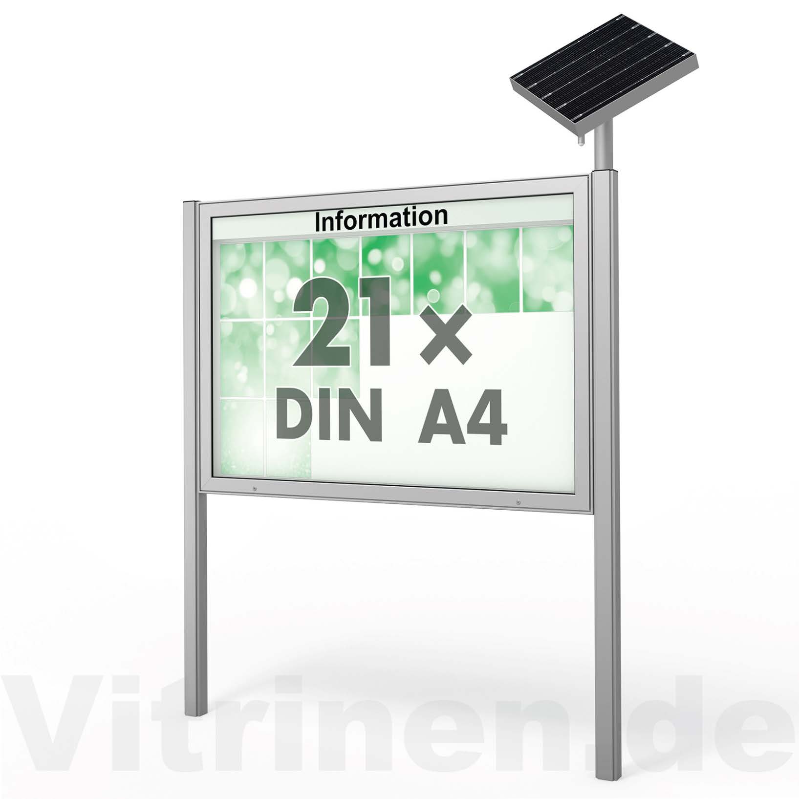21 x DIN A4 Schaukasten Plenum eckig - der "Klassiker" mit Solar-Modul und Pfosten - Bautiefe 100mm