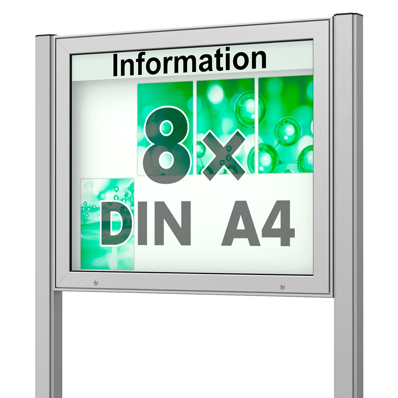 8 x DIN A4 Schaukasten Plenum eckig - der "Klassiker" - 65mm Bautiefe - mit Ständern und optionaler LED-Beleuchtung